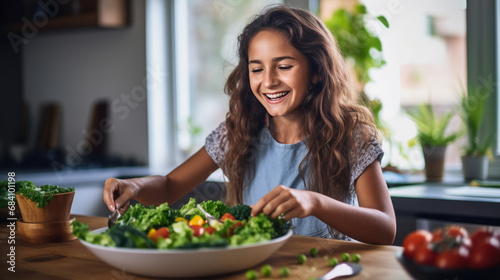 Smiling woman in a kitchen preparing a fresh salad with a variety of vegetables  reflecting a healthy lifestyle and enjoyment of cooking.