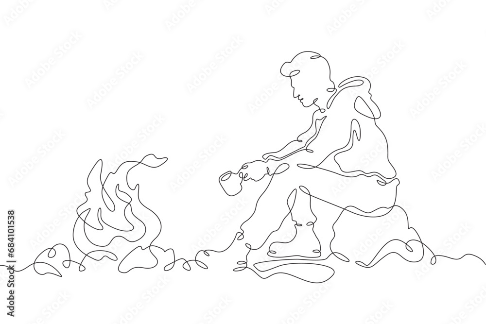 Fototapeta premium Tourist sitting by the fire. A man drinks a hot drink by the fire on a hike. A stop on the journey. One continuous line drawing. Linear. Hand drawn, white background. One line.