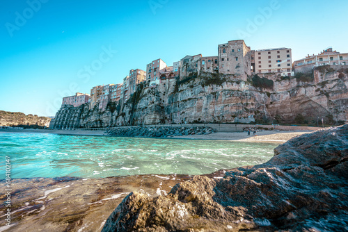 View of the beautiful city of Tropea in Calabria, Italy, during Sunset. photo