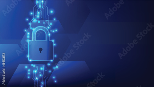 digital padlock with virtual screen on dark blue background with copy space. cyber security technology for fraud prevention and privacy data network protection concept