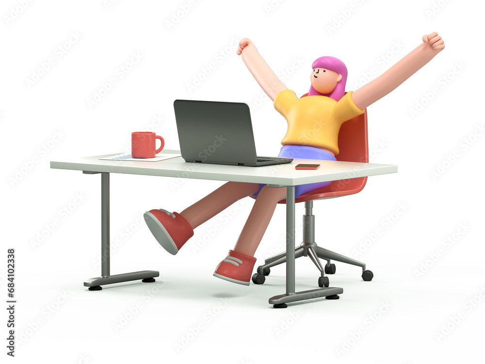 Fototapeta premium A 3D cartoon character success at work, victory in business concept. Happy employee at computer desk, rejoicing achieved goal. 3d rendering,conceptual image