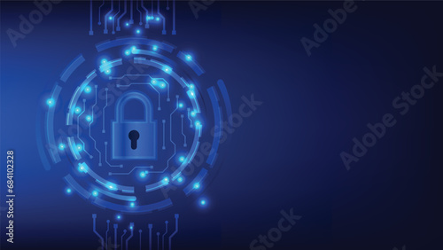 digital padlock with virtual screen on dark blue background with copy space. cyber security technology for fraud prevention and privacy data network protection concept