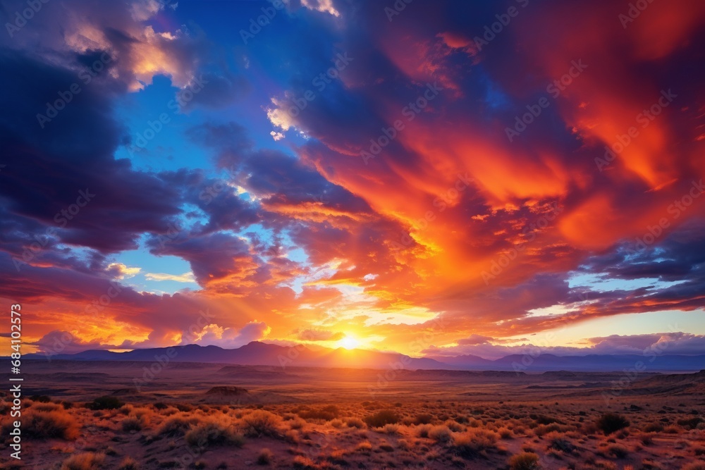 An awe-inspiring mood envelops the flat, desolate desert as the setting sun casts its radiant light, with dramatic orange and pink clouds adorning the sky. Created with generative AI tools