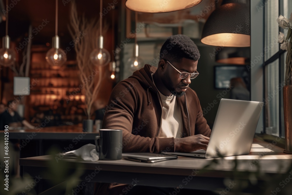 African American Man Works On Laptop In Stylish Cafe Hotel Lobby African American Man Works On Laptop In Stylish Cafe Hotel Lobby