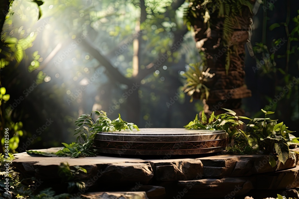 Obraz premium Stone circle pedestal in nature green forest