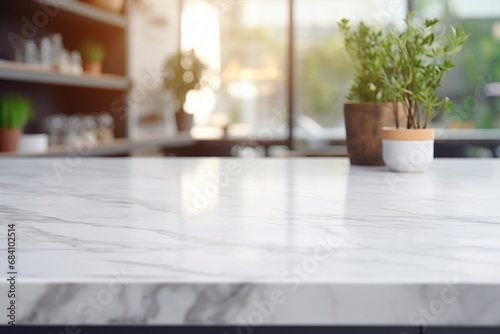 The marble countertop takes center stage against a gently blurred kitchen background  making it a valuable resource for product mockups or design presentations. Created with generative AI tools