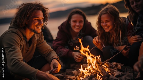 Friends Enjoying a Cozy Campfire at Sunset Outdoors
