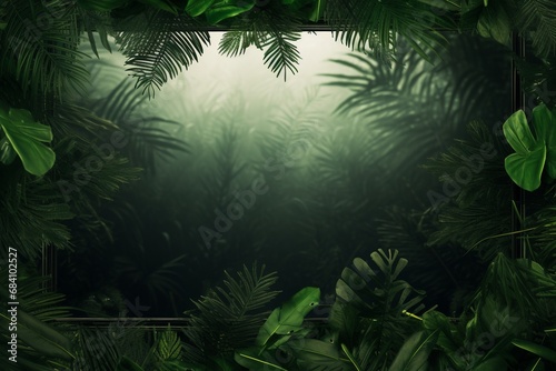 A backdrop highlighted by a frame made of fresh  green jungle palm leaves. Created with generative AI tools