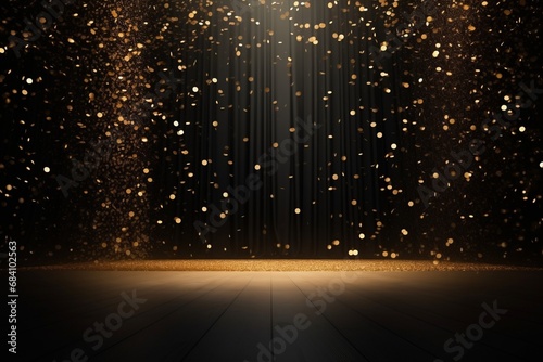 a celebratory stage is brought to life by a golden confetti shower, mockup with copy space for award ceremonies, jubilees, New Years parties, or product presentations. Created with generative AI tools photo
