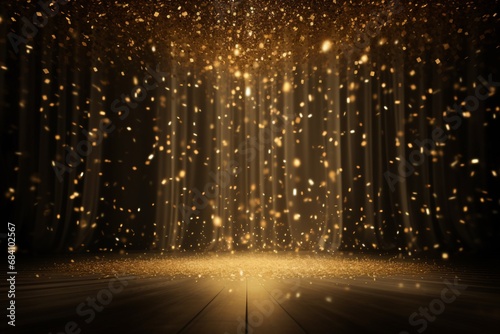 a celebratory stage is brought to life by a golden confetti shower, mockup with copy space for award ceremonies, jubilees, New Years parties, or product presentations. Created with generative AI tools photo