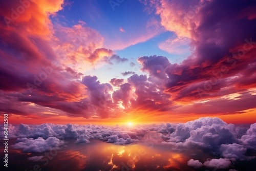 Nature s artistry unfolds as a breathtaking sunset fills the sky with colorful clouds  creating an epic and awe-inspiring sunset vista. Created with generative AI tools