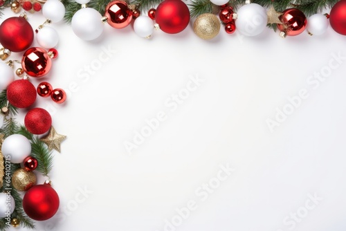 Christmas Decorations Framed On White Background. Сoncept Bokeh Lights, Snowflakes, Twinkling Ornaments, Festive Props, Winter Wonderland