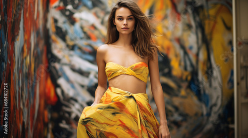 A fashion editorial photoshoot of a female model in her 20s in yellow dress