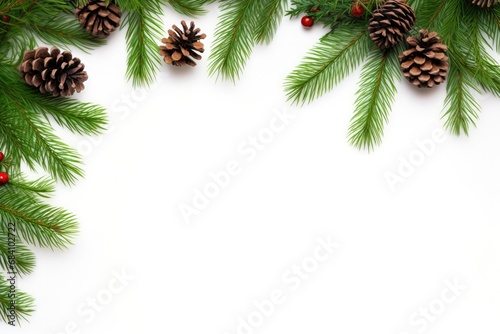 Christmas Frame With Spruce Branches And Cones With White Background