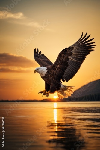 A flying eagle over the sea on the background of a beautiful sunset. © liliyabatyrova