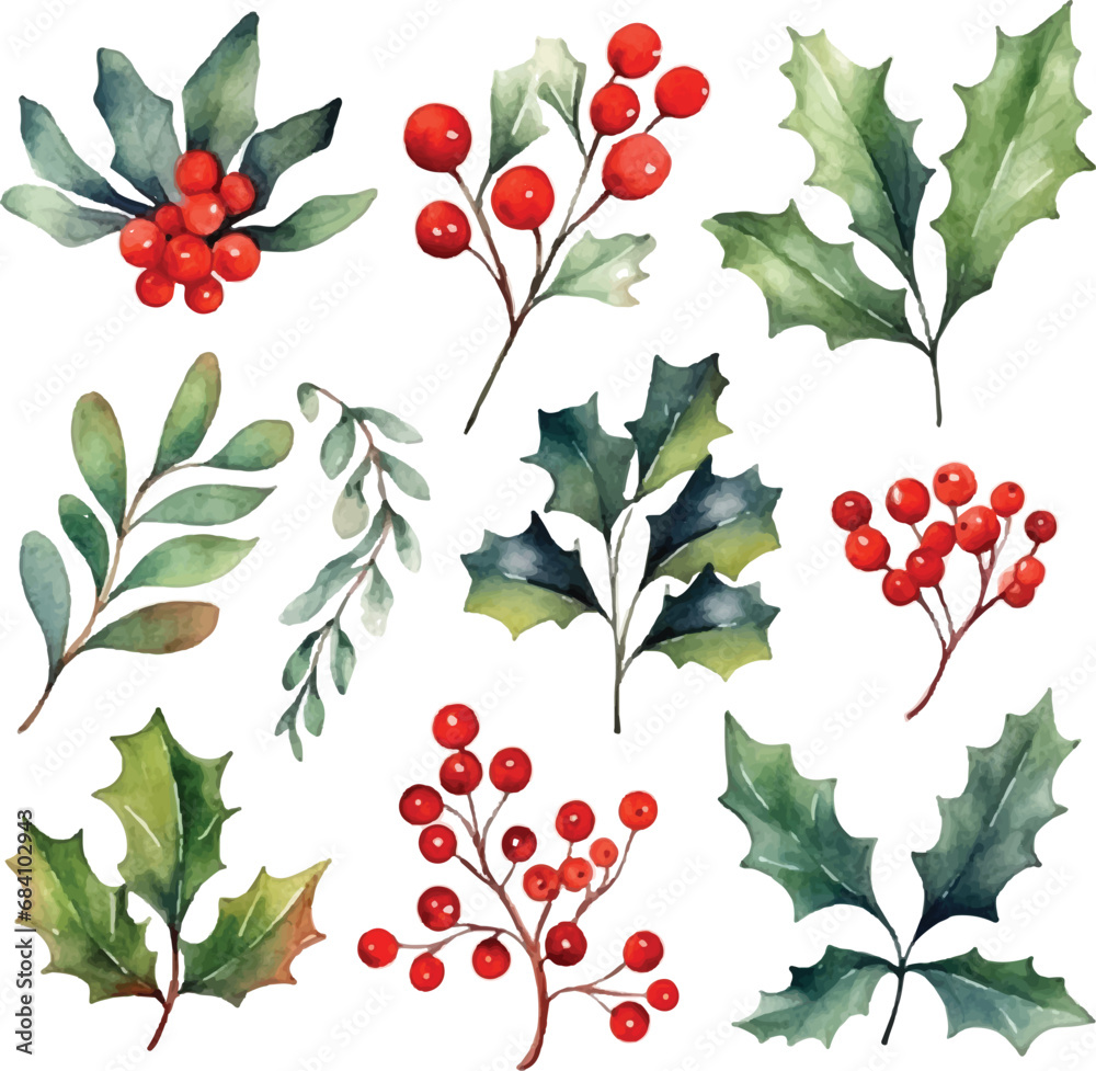 Watercolor seamless pattern with red berries and leaves collection set, Vector christmas leaves and holly collection, EPS format, red holly vector for christmas