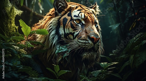 Majesty wildlife Tiger animal in green forest natural habitat. Generative AI