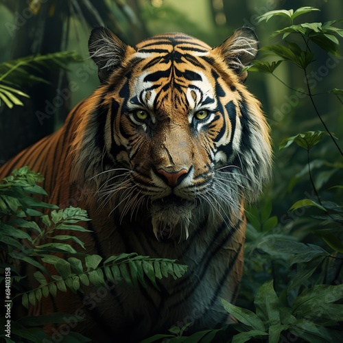 Majesty wildlife Tiger animal in green forest natural habitat. Generative AI
