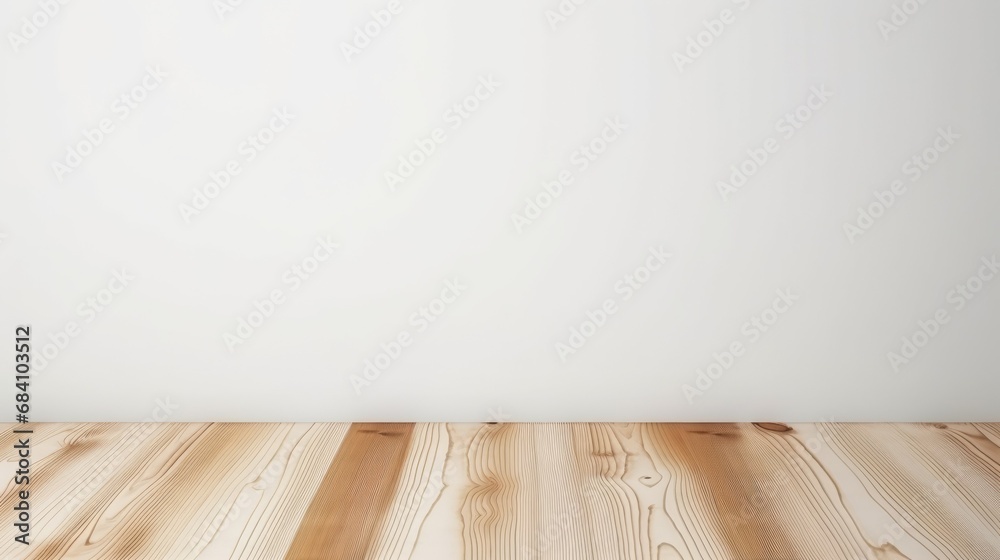 Empty wooden white table over white wall background, product display montage Empty wooden white table over white wall background, product display montage