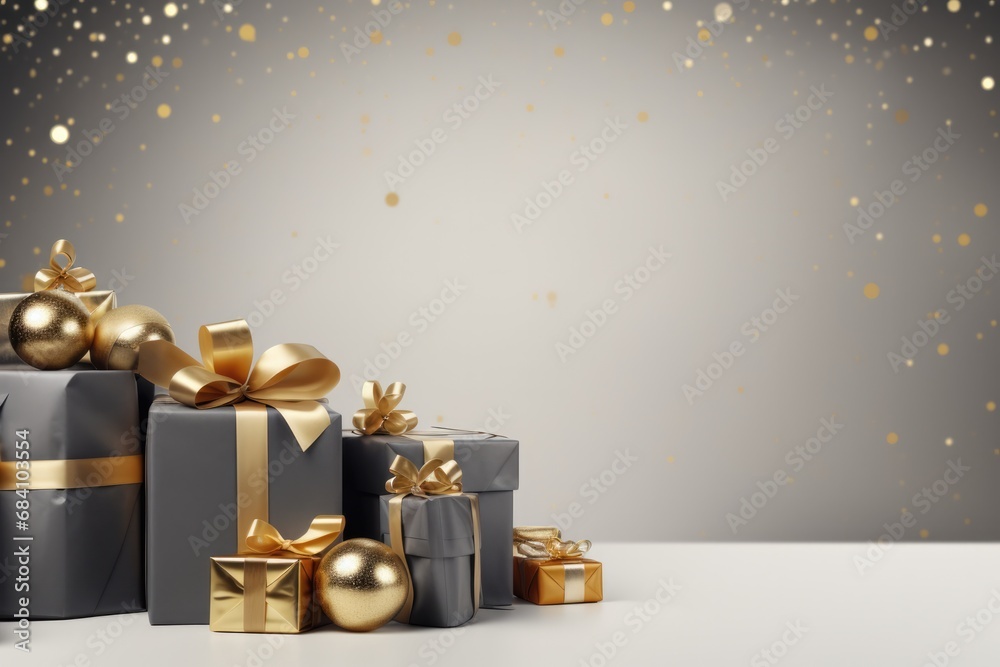 New Year Banner With Gift Boxes And Golden Decorations Photorealism. Сoncept Winter Landscape With Snow-Covered Trees, Cozy Cabin By The Fire, Hot Cocoa And Marshmallows New Year Banner With Gift Boxes And Golden Decorations Photorealism. Сoncept Winter Landscape With Snow-Covered Trees, Cozy Cabin By The Fire, Hot Cocoa And Marshmallows