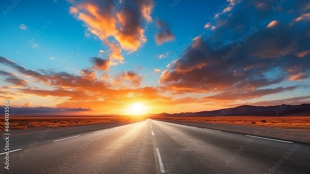Empty asphalt road and beautiful sky at sunset, panoramic view