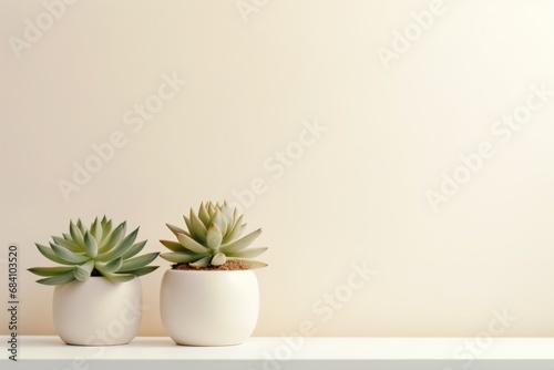 Two Succulent Plants In White Pots On A Shelf