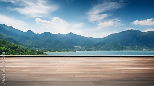 Empty wooden floor for product display montages with sea and mountain background © Tom