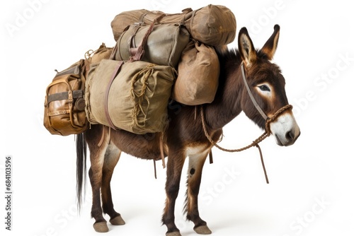 Pack Mule Symbolizes Hard Work And Endurance, Isolated On White. Сoncept Pack Mule, Symbol Of Hard Work, Endurance, Isolated On White