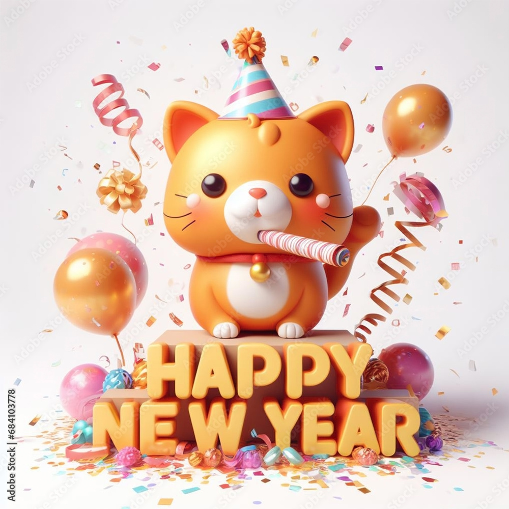 Naklejka premium Happy New Year With Orange Cat