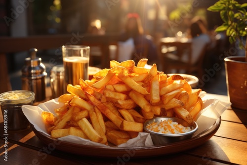 French fries in special bowl on the street background.