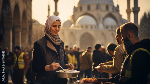 Volunteers distribute food to homeless people on a sunny Middle Eastern city street  photo