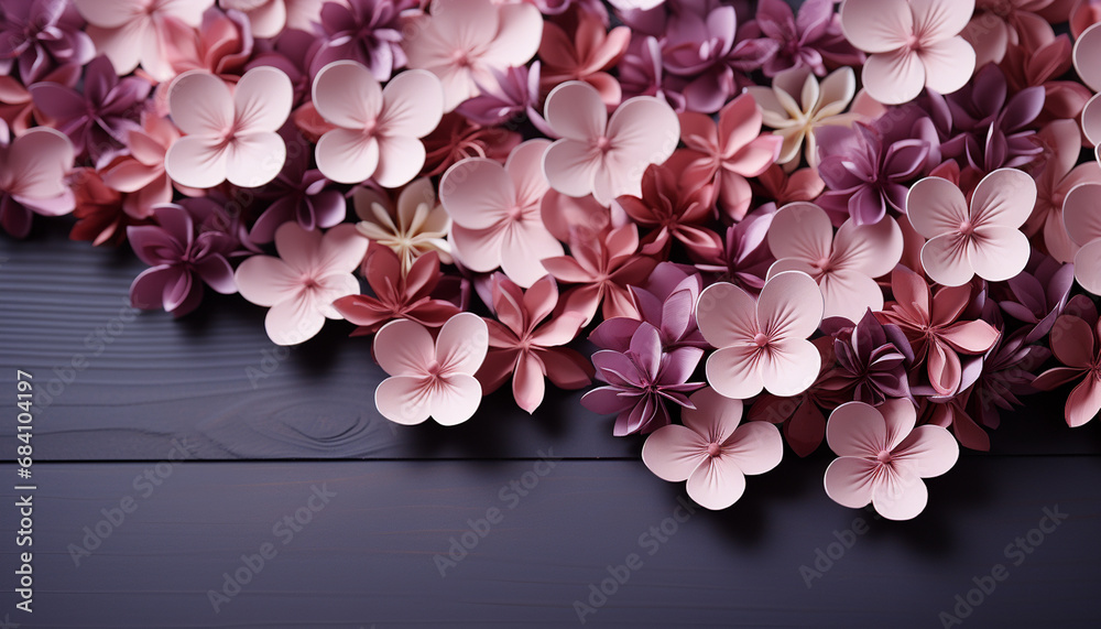 Obraz premium Paper crafted pink and purple hydrangea flowers on a dark wooden surface.