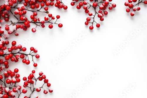 Snowcovered Frame With Red Berries And Copy Space