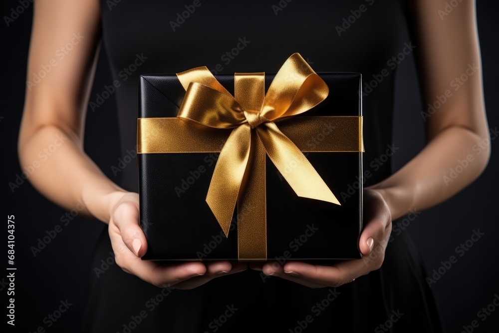 Woman Holding Gift Box On Black Background Woman Holding Gift Box On Black Background