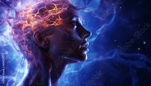 A vibrant digital portrait of a woman with a glowing neural network overlay symbolizing brain activity and connectivity. Concept International Epilepsy Day
