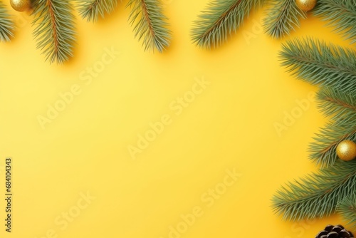 Winter Christmas Frame With Spruce Branches And Garlands, Yellow Background