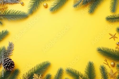 Winter Christmas Frame With Spruce Branches And Garlands, Yellow Background. Сoncept Elegant Holiday Decor, Festive Winter Frame, Vibrant Christmas Colors, Glamorous Holiday Background
