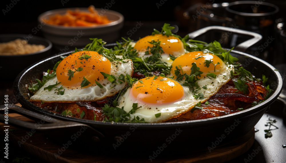 Close-up of a skillet with freshly fried eggs and bacon, garnished with parsley. Close-up of a skillet with freshly fried eggs and bacon, garnished with parsley.