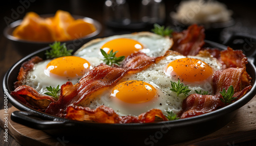 Close-up of a skillet with freshly fried eggs and bacon, garnished with parsley.