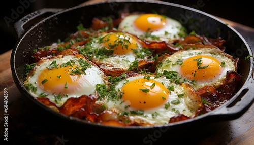 Close-up of a skillet with freshly fried eggs and bacon, garnished with parsley.