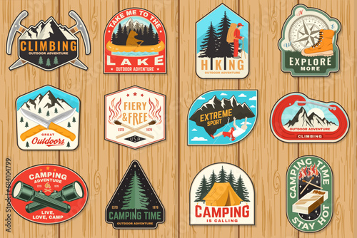 Set of camping patch, sticker. Outdoor adventure vector badge design. Vintage typography design with knives, bear in canoe, matches stick, burning lighter, hiker, climbing ice-axe match and forest