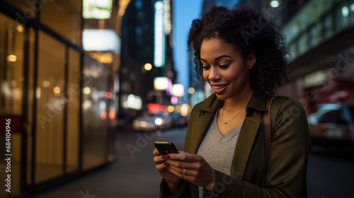Smiling young woman with curly hair, looking at her smartphone while standing on a city street at night, surrounded by the bright lights and busy life of the urban environment.
