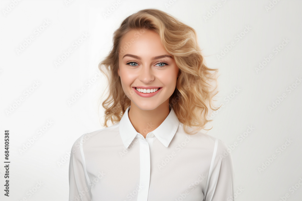 Portrait of young working woman smiling on white background Portrait of young working woman smiling on white background