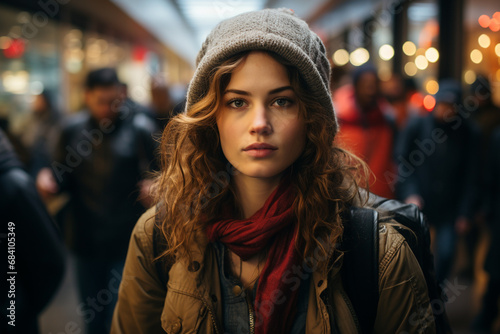 Portrait of beautiful traveler woman in jacket on train station