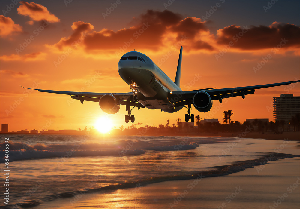 Naklejka premium airplane at sunset