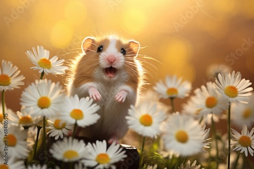 Cute hamster on a flowering meadow with beautiful daisies flowers