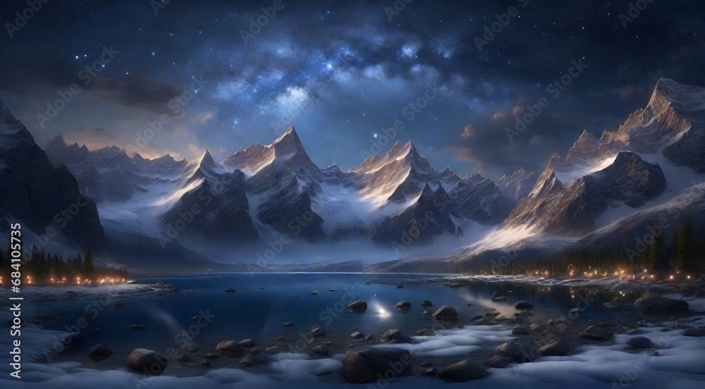 beautiful landscape with snowy mountains , lake and milky way galaxy ,A breathtaking landscape unfolds—majestic snow-capped mountains, pristine snow, and a serene lake at their feet. winter scenery