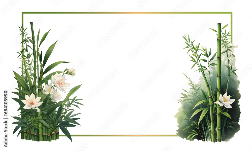 watercolor art of bamboo tree and flower with frame on transparent background ,space for text - obrazy, fototapety, plakaty 