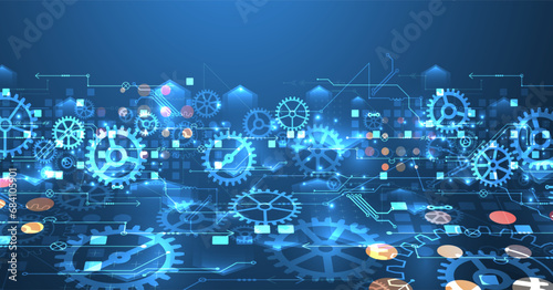 Gear wheel technology pattern on blue gradient background. Hand drawn vector.
