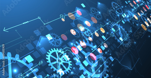 Gear wheel technology pattern on blue gradient background. Hand drawn vector.